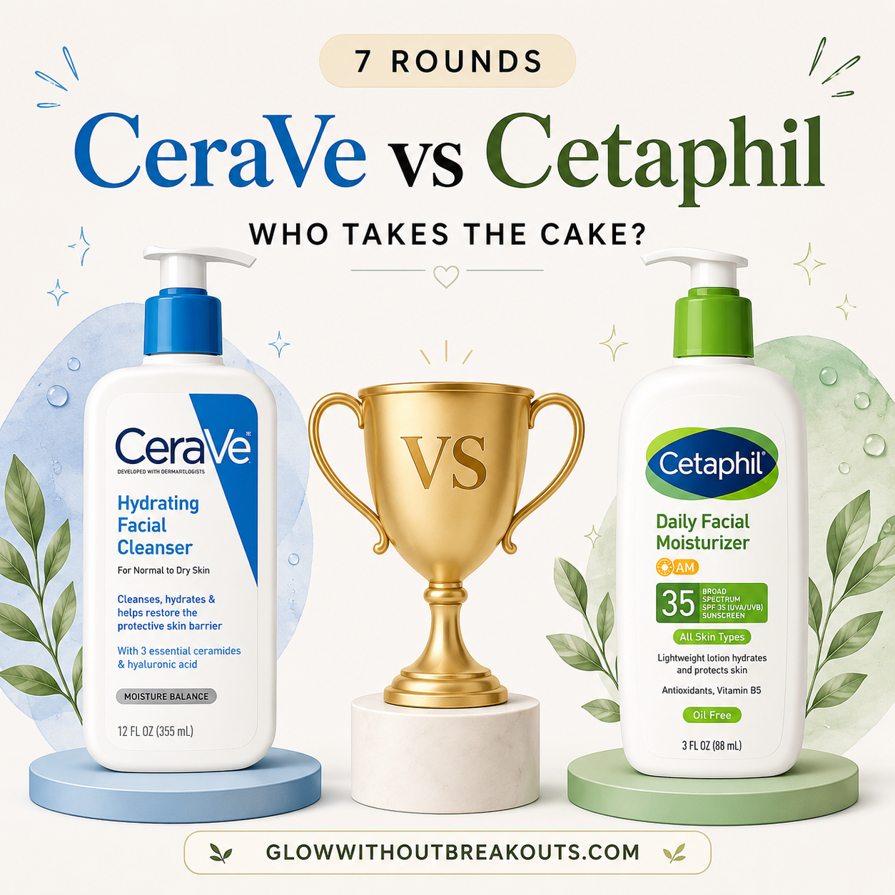 CeraVe vs Cetaphil skincare comparison with cleanser bottles and gold trophy, reviewing which brand is better for acne-prone and sensitive skin.