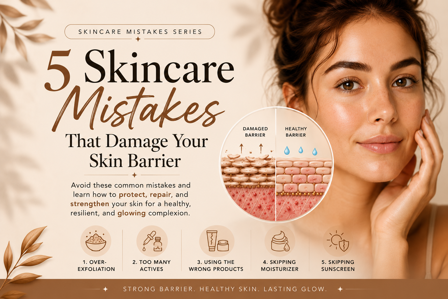 Infographic showing 5 skincare mistakes that cause skin barrier damage, including over-exfoliation and using too many active ingredients.
