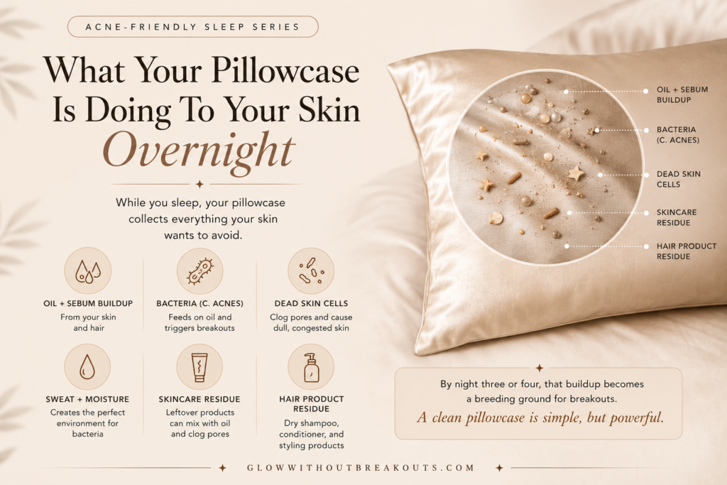 infographic showing what builds up on your pillowcase overnight that can cause breakouts, oil, bacteria, dead skin cells, and product residue