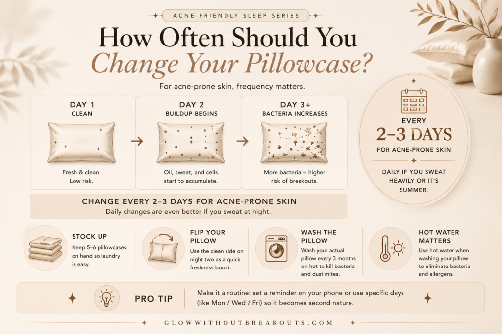 timeline infographic explaining how long you should change your pillowcase for acne-prone skin.
