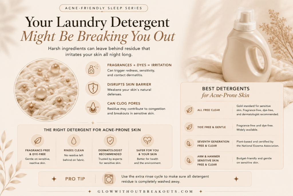Infographic explaining how laundry detergent with fragrances and dyes can irritate skin, disrupt the skin barrier, and contribute to acne breakouts.