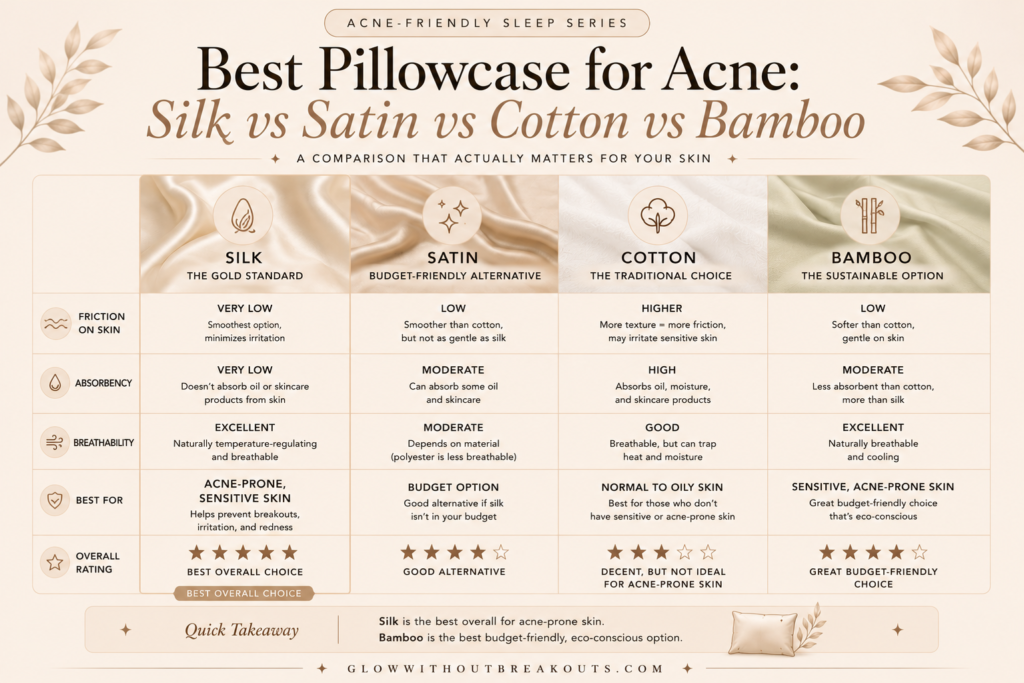 Comparison chart of pillowcase fabrics for acne-prone skin, showing differences in friction, absorbency, and breathability between silk, satin, cotton, and bamboo.