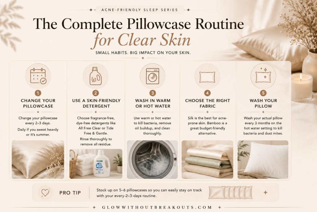 Checklist infographic showing the best pillowcase routine for clear skin, including changing every 2–3 days, using fragrance-free detergent, and choosing silk or bamboo fabric.