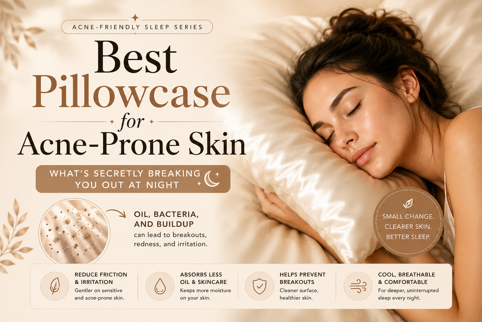 Best pillowcase for acne-prone skin infographic showing how pillowcase buildup can cause breakouts overnight.