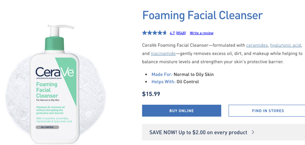 Cerave Foaming Facial Cleanser for normal to oily acne-prone skin