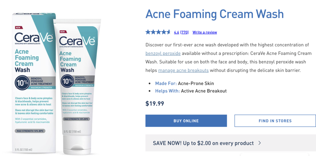 CeraVe Acne Foaming Cream Wash for acne-prone skin: made with 10% benzoyl peroxide to clear acne and prevent new breakouts