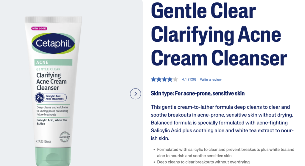 Cetaphil Gentle Clear Clarifying Acne Cream Cleanser made with salicylic acid, aloe, and white tea extract to clear acne and calm the skin barrier