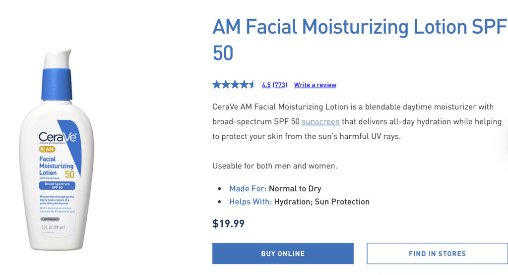 CeraVe AM Facial Moisturizing Lotion with SPF 50 to hydrate and protect the skin