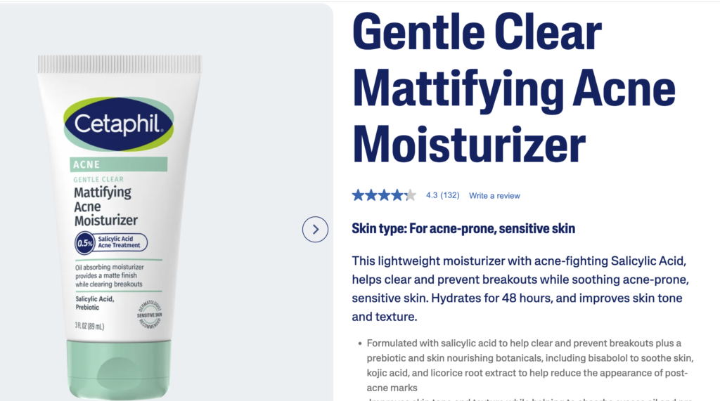 Cetaphil Gentle Clear Mattifying Acne Moisturizer for acne-prone sensitive skin