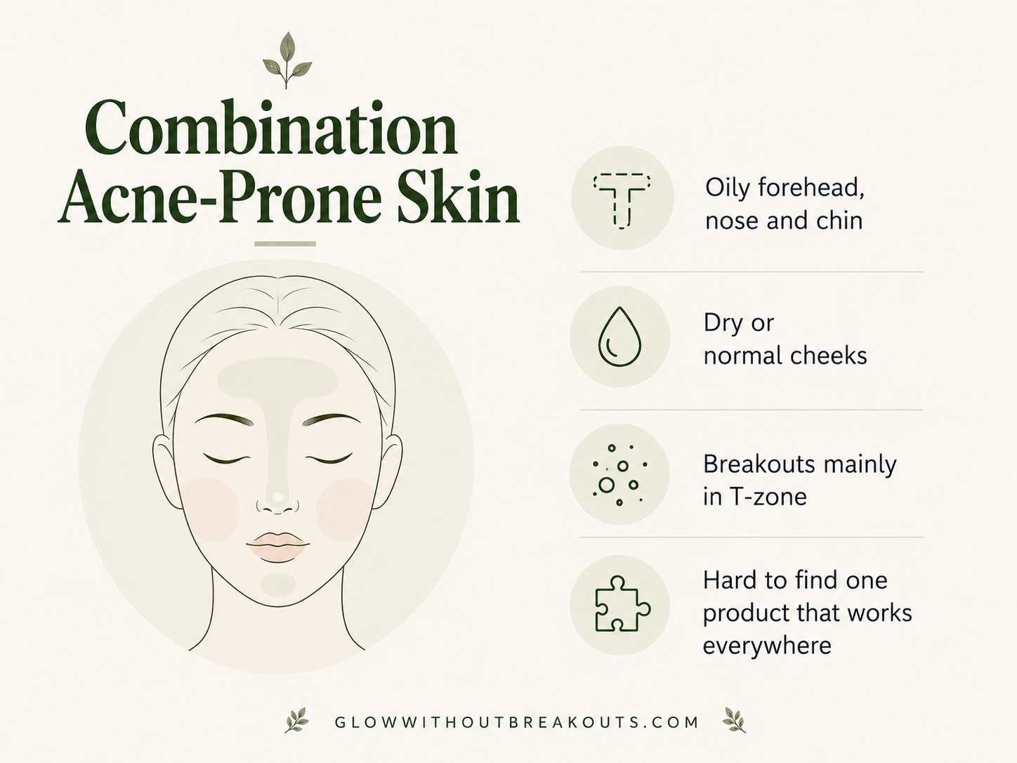 Combination Acne-Prone Skin Infographic: characteristics that make up combination acne-prone skin.