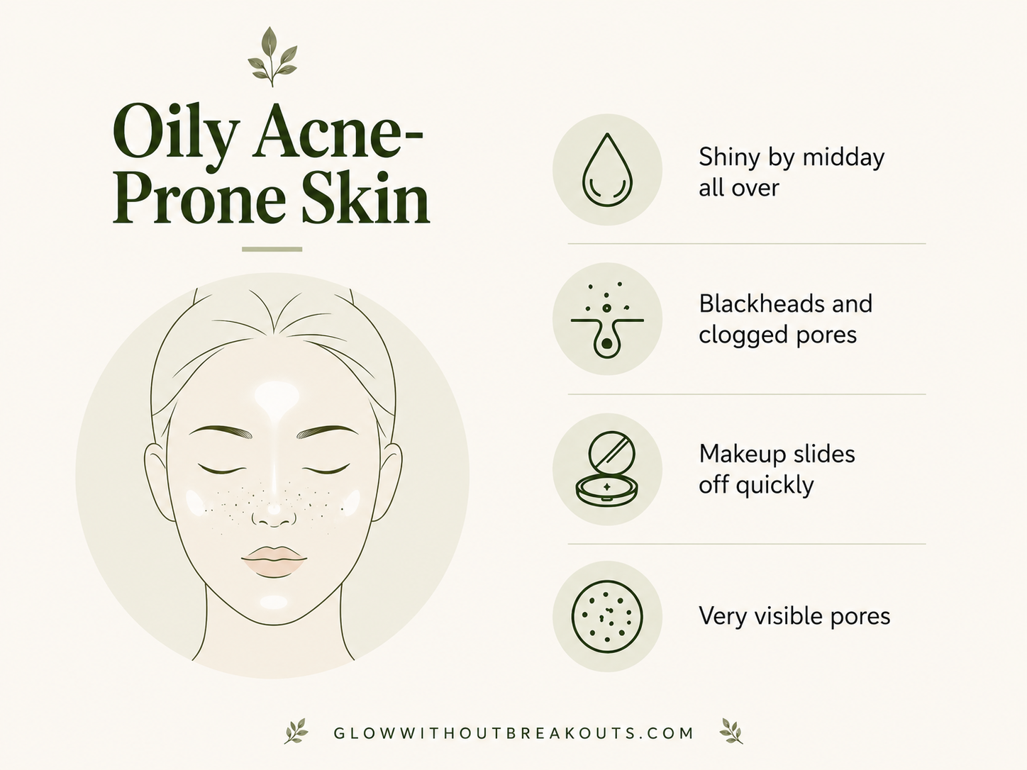 Oily Acne-Prone Skin Infographic: characteristics that make up oily acne-prone skin.