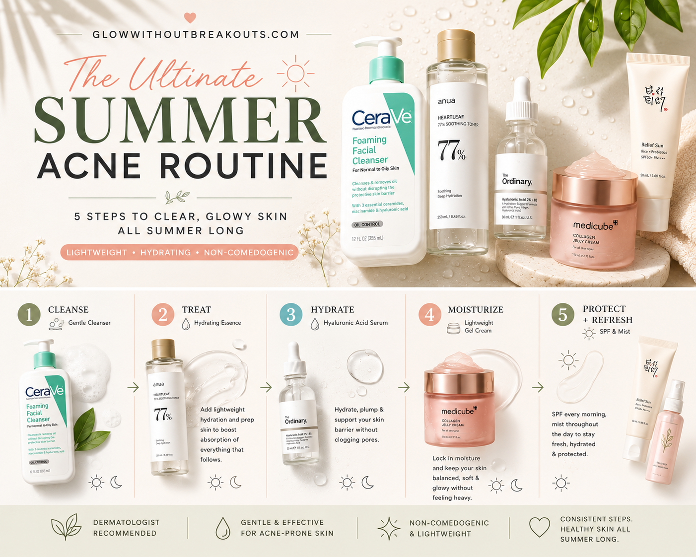 Summer acne skincare routine infographic showing cleanser, essence, serum, moisturizer, and SPF steps for clear, glowing acne-prone skin