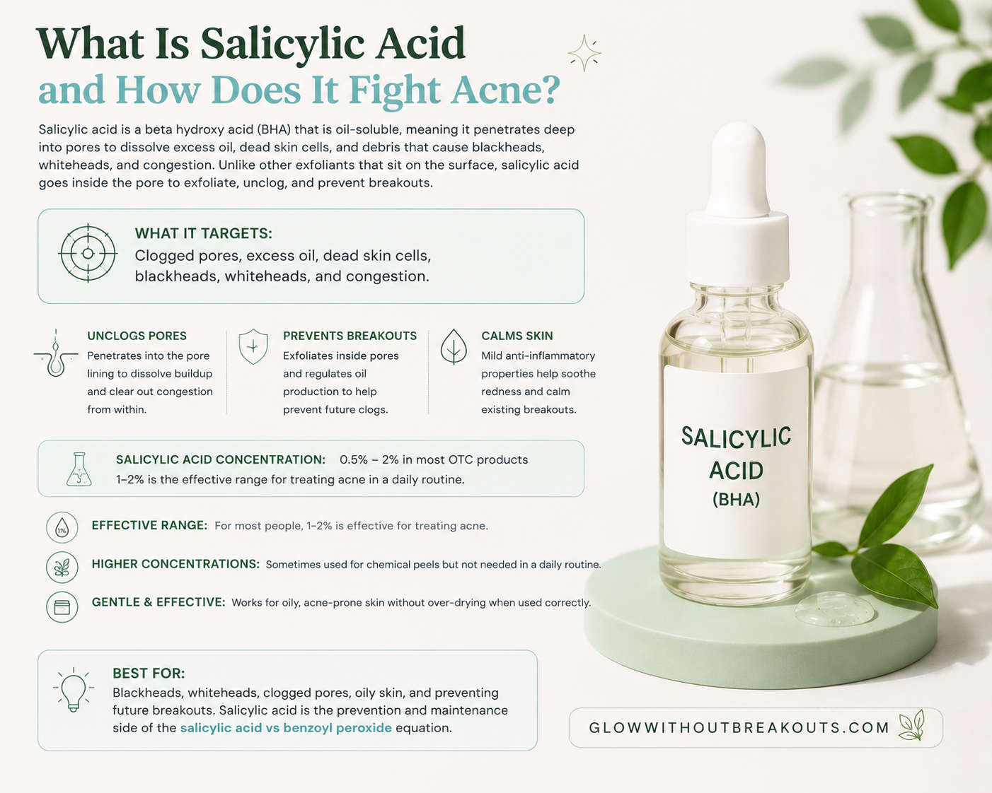 Salicylic acid infographic explaining how salicylic acid works to fight acne by unclogging pores and exfoliating inside the pore for acne-prone skin.