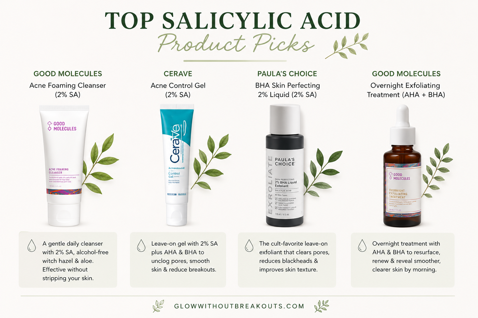 Top salicylic acid product picks for acne-prone skin including Good Molecules, Paula's Choice, CeraVe, Cetaphil, The Ordinary and La Roche-Posay.